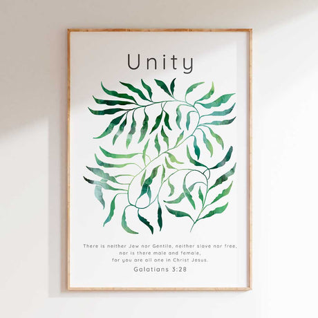Galatians 3:28 - Biblical poster featuring intertwining green leaf illustration and Galatians 3:28 unity scripture text.
