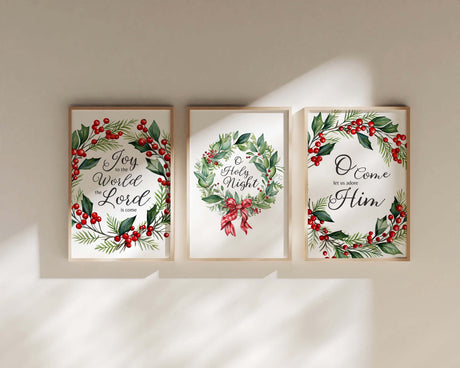 Holiday decor print set with wreaths and famous Christmas carols. Classic Christmas carol art prints surrounded by holly wreaths.
