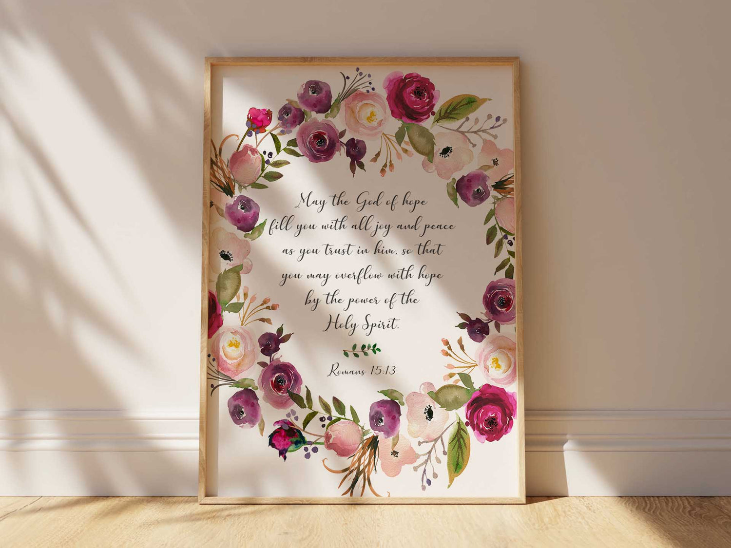 Pink watercolour flower Bible quote artwork, Romans 15:13 verse print with burgundy floral design, Spiritual wall decor