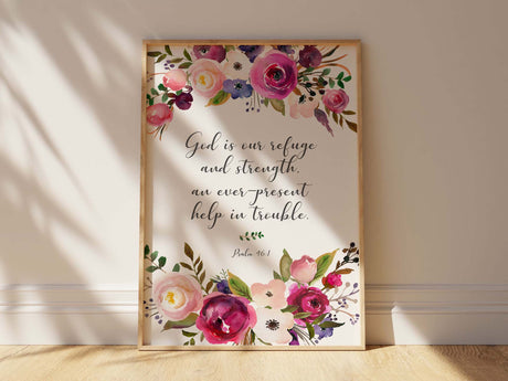 Psalm 46:1 wall art UK, Watercolour flowers scripture decor, Inspirational verse artwork for home, Christian wall art