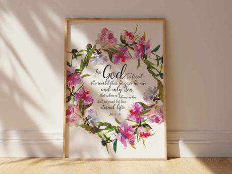 John 3:16 floral wall art, Christian scripture floral decor, Inspirational Bible verse artwork, Faith-inspired wall decor