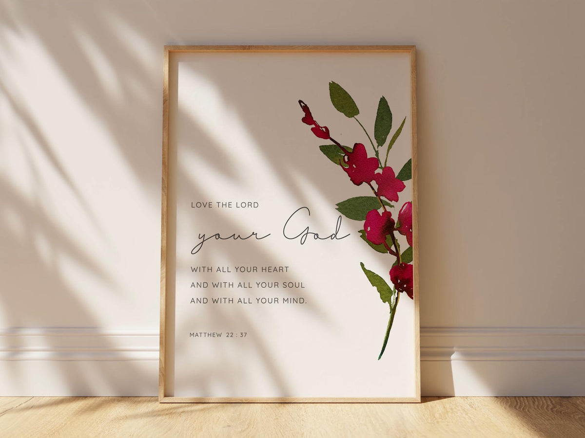 Matthew 22:37 scripture wall art, Christian home decor with floral motif, Inspirational Bible verse print in burgundy