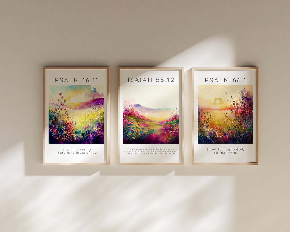 Harmonious nature and faith wall decor, Unique gift idea: Christian verse meadow prints, Biblical peace and joy wall prints