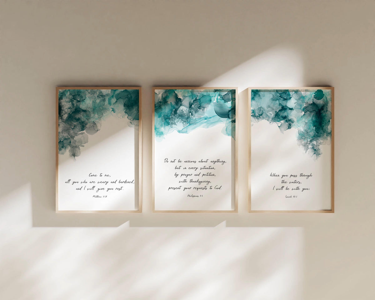 Inspirational verse wall art set, Turquoise and black ink scripture prints, Contemporary Bible verse decor set