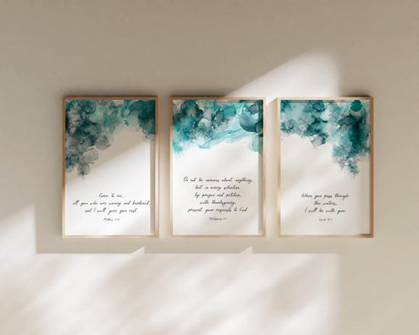 Inspirational verse wall art set, Turquoise and black ink scripture prints, Contemporary Bible verse decor set