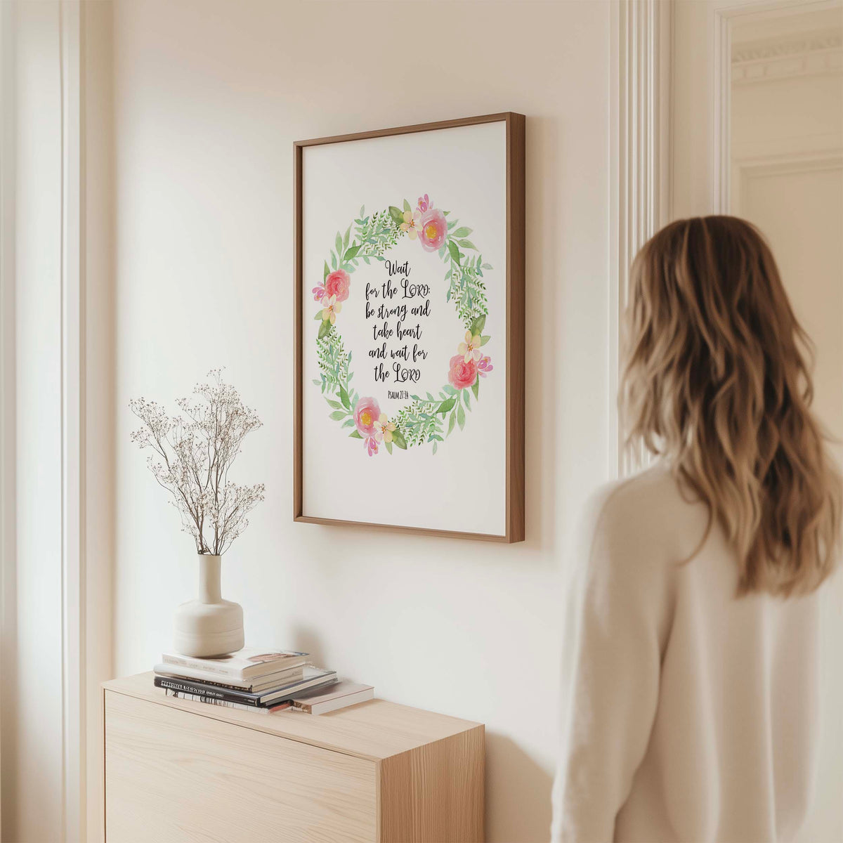Psalm 27:14 – Bible verse wall art featuring soft floral design and scripture about patience, strength and hope.