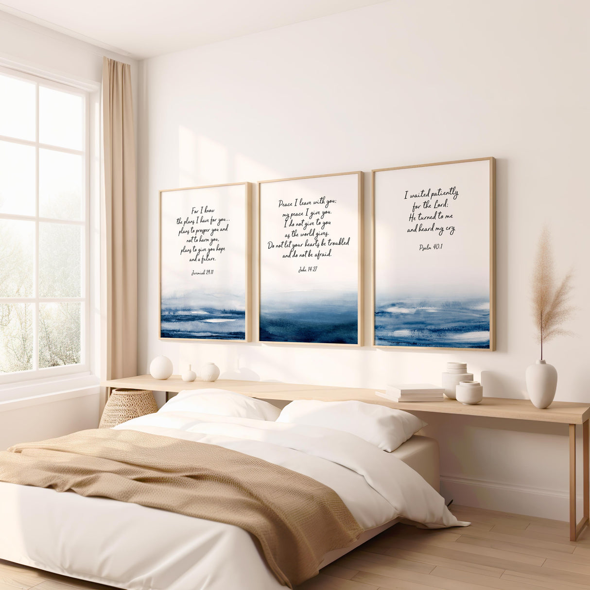 Christian Bible verse print set of three with water-themed blue watercolour accents, displaying scriptures from Jeremiah, John, and Psalms for peace and encouragement.