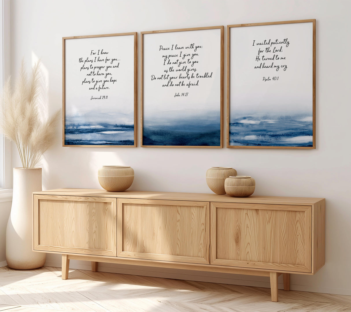 Encouraging scripture wall art triptych with blue watercolour details, featuring Jeremiah 29:11, John 14:27, and Psalm 40:1.