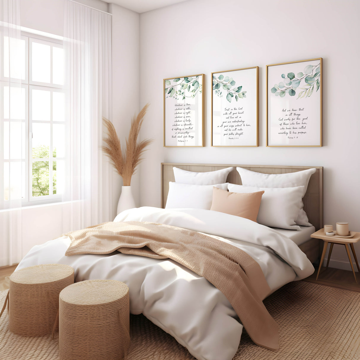 Romans 8:28, Proverbs 3:5–6, Philippians 4:8 – Christian wall art print set featuring minimalist green botanical designs.