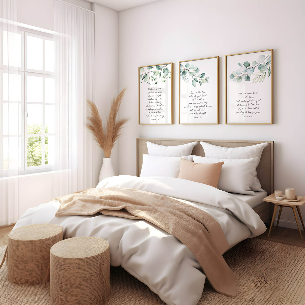 Romans 8:28, Proverbs 3:5–6, Philippians 4:8 – Christian wall art print set featuring minimalist green botanical designs.