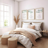 Romans 8:28, Proverbs 3:5–6, Philippians 4:8 – Christian wall art print set featuring minimalist green botanical designs.