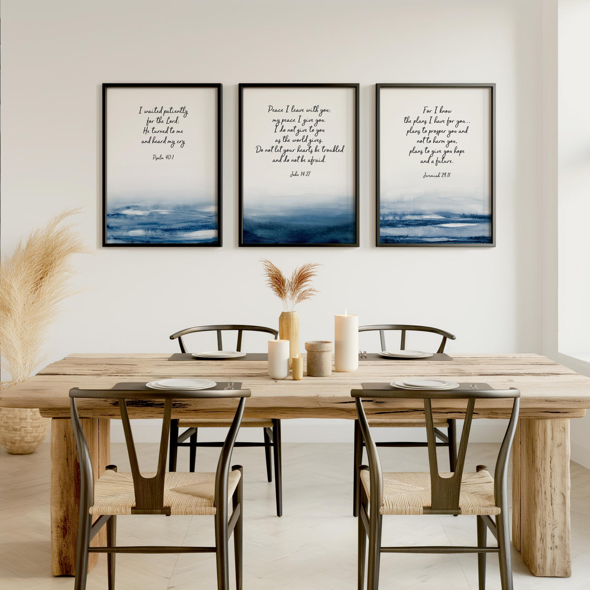 Set of three encouraging Christian wall art prints featuring Bible verses from Jeremiah 29:11, John 14:27, and Psalm 40:1, with calming blue watercolour designs.