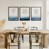 Set of three encouraging Christian wall art prints featuring Bible verses from Jeremiah 29:11, John 14:27, and Psalm 40:1, with calming blue watercolour designs.