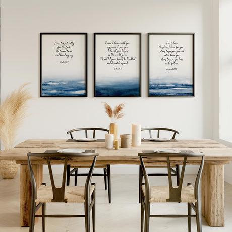 Set of three encouraging Christian wall art prints featuring Bible verses from Jeremiah 29:11, John 14:27, and Psalm 40:1, with calming blue watercolour designs.