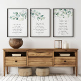 Romans 8:28, Proverbs 3:5–6, Philippians 4:8 – Bible verse wall art set of three with botanical greenery for Christian home decor.