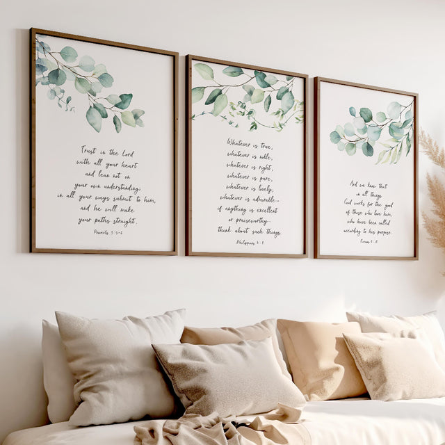 Romans 8:28, Proverbs 3:5–6, Philippians 4:8 – Botanical Christian wall art print set of 3 with green leaf Bible verses.
