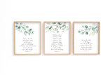 Romans 8:28, Proverbs 3:5–6, Philippians 4:8 – Christian scripture print set with calming green botanical leaves.