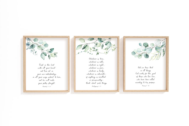 Romans 8:28, Proverbs 3:5–6, Philippians 4:8 – Christian scripture print set with calming green botanical leaves.