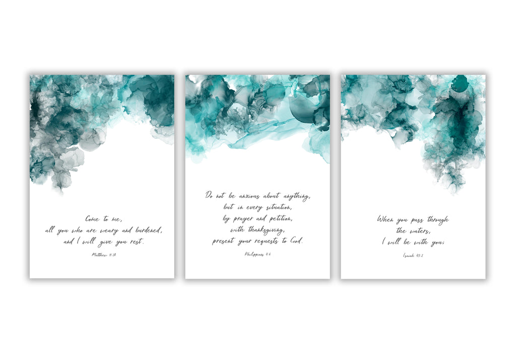 Comforting Christian Wall Art 3 Print Set, Abstract Bible Verse Art, Abstract turquoise and black ink Bible verse prints