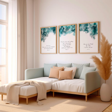 Matthew 11:28 – Restful Christian wall print with abstract turquoise and black ink artwork.