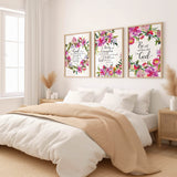 Set of three Christian scripture prints with soft floral illustrations, displaying verses from Psalm 46, John 3:16, and Joshua 1:9 for faith and encouragement.