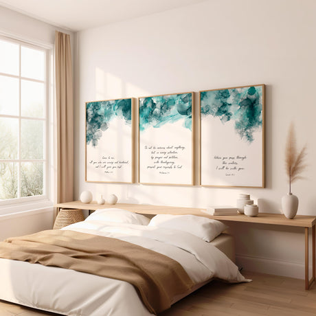 Philippians 4:6 – Modern Scripture art print with turquoise and black ink design and Bible verse.