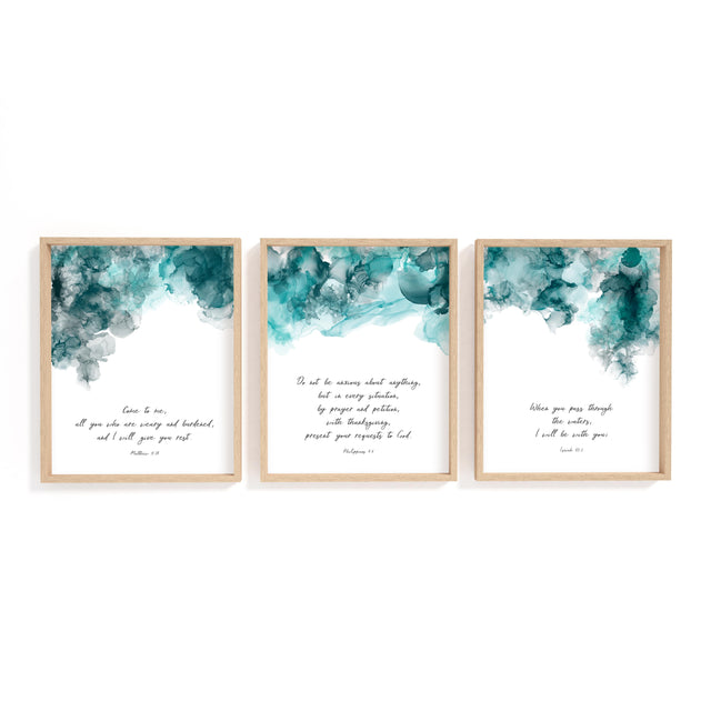 Isaiah 43:2 – Inspirational Bible verse print with turquoise and black abstract background.