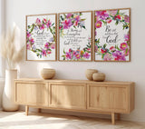 Christian Bible verse wall art triptych with delicate floral borders, featuring “Be still and know,” John 3:16, and Joshua 1:9.