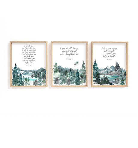 Personalised Christian prints with watercolour mountain landscapes, Inspirational Bible verse prints perfect for display