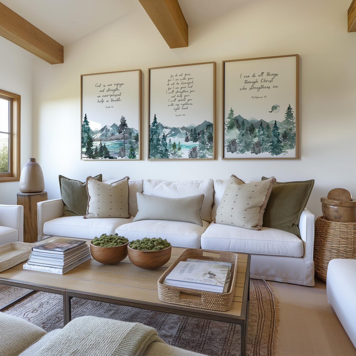 Psalm 46:1, Philippians 4:13, Isaiah 41:10 – Christian wall art 3 print set with green and blue mountains and comforting Bible verses.