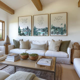 Psalm 46:1, Philippians 4:13, Isaiah 41:10 – Christian wall art 3 print set with green and blue mountains and comforting Bible verses.