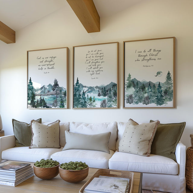 Psalm 46:1, Philippians 4:13, Isaiah 41:10 – Christian wall art 3 print set with green and blue mountains and comforting Bible verses.