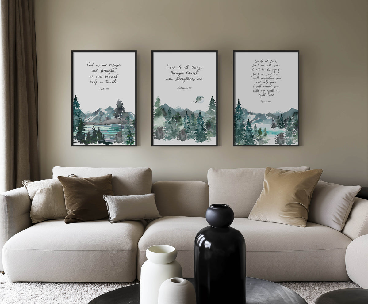 Psalm 46:1, Philippians 4:13, Isaiah 41:10 – Bible verse wall art set featuring mountain and forest landscapes with strength and faith scripture.