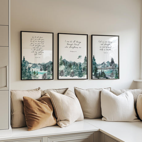 Psalm 46:1, Philippians 4:13, Isaiah 41:10 – Christian scripture wall art triptych with serene mountain scenery and verses about God’s strength and presence.