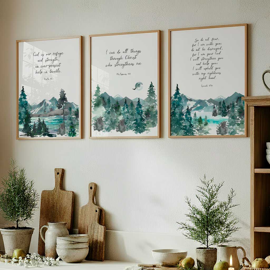 Christian prints with watercolour mountain landscapes, Inspirational Bible verse prints perfect for display