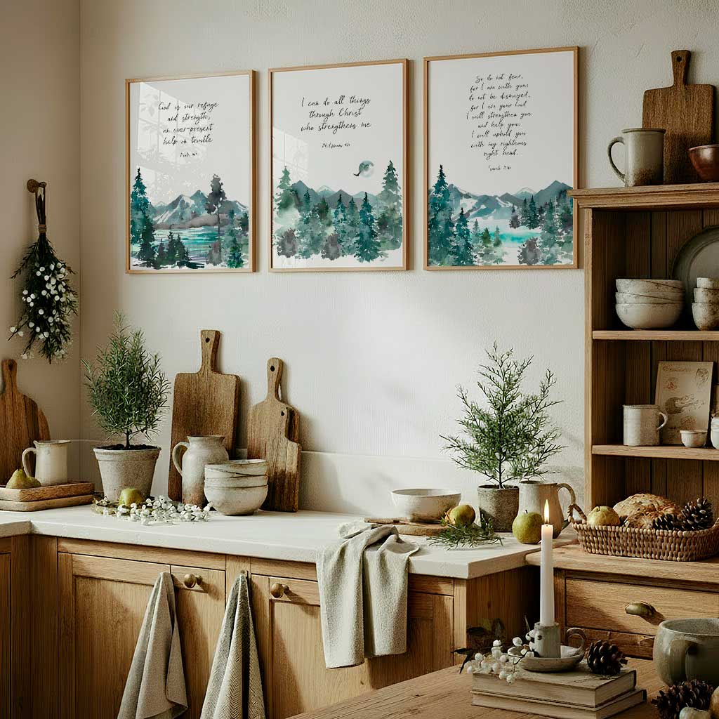 Christian prints with watercolour mountain landscapes, Inspirational Bible verse prints perfect for display