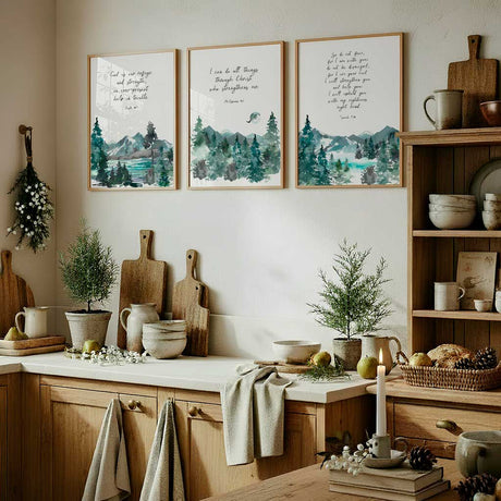 Christian prints with watercolour mountain landscapes, Inspirational Bible verse prints perfect for display
