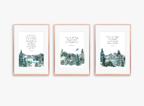 Unique home decor gift idea with encouraging scripture, Serene mountain prints paired with uplifting Bible verses