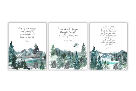 Decorative prints with comforting verses from the Bible, Spiritual wall art set featuring green and blue mountain scenes