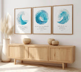 Three-piece Christian wall art print set featuring turquoise watercolour ocean waves with Bible verses from Psalms 89:9, 34:18, and 93:4.