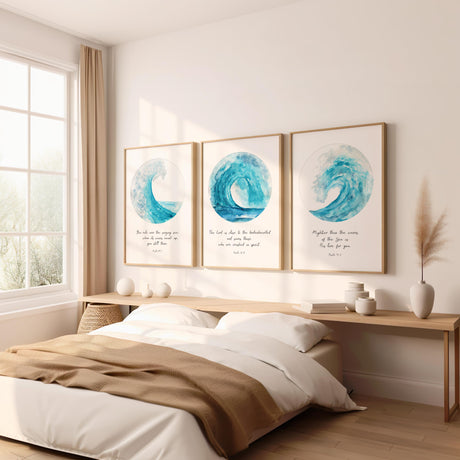 Ocean waves Christian wall art 3 print set with turquoise watercolour designs and Bible verses from Psalms, offering faith, comfort, and encouragement.