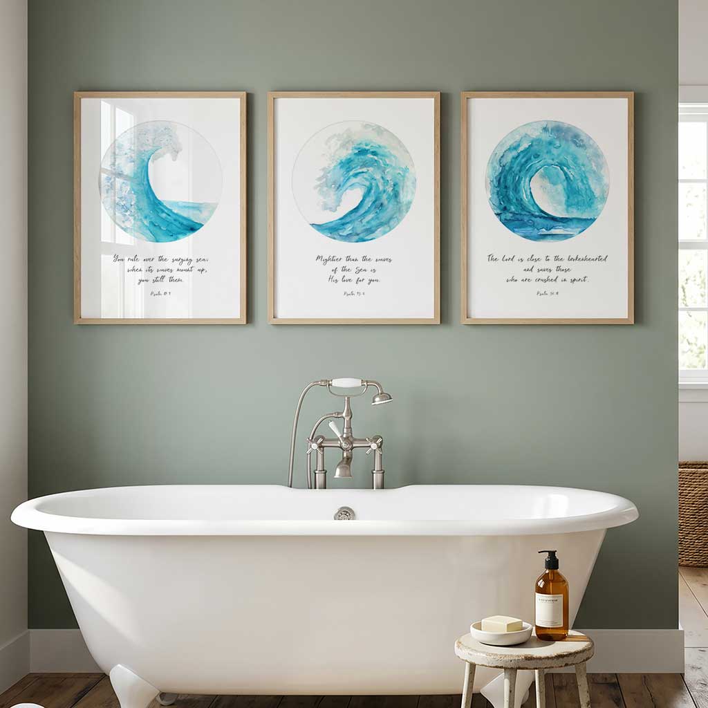 Ocean Christian Wall Art Prints, Bible Verses About Encouragement 3 Print Set