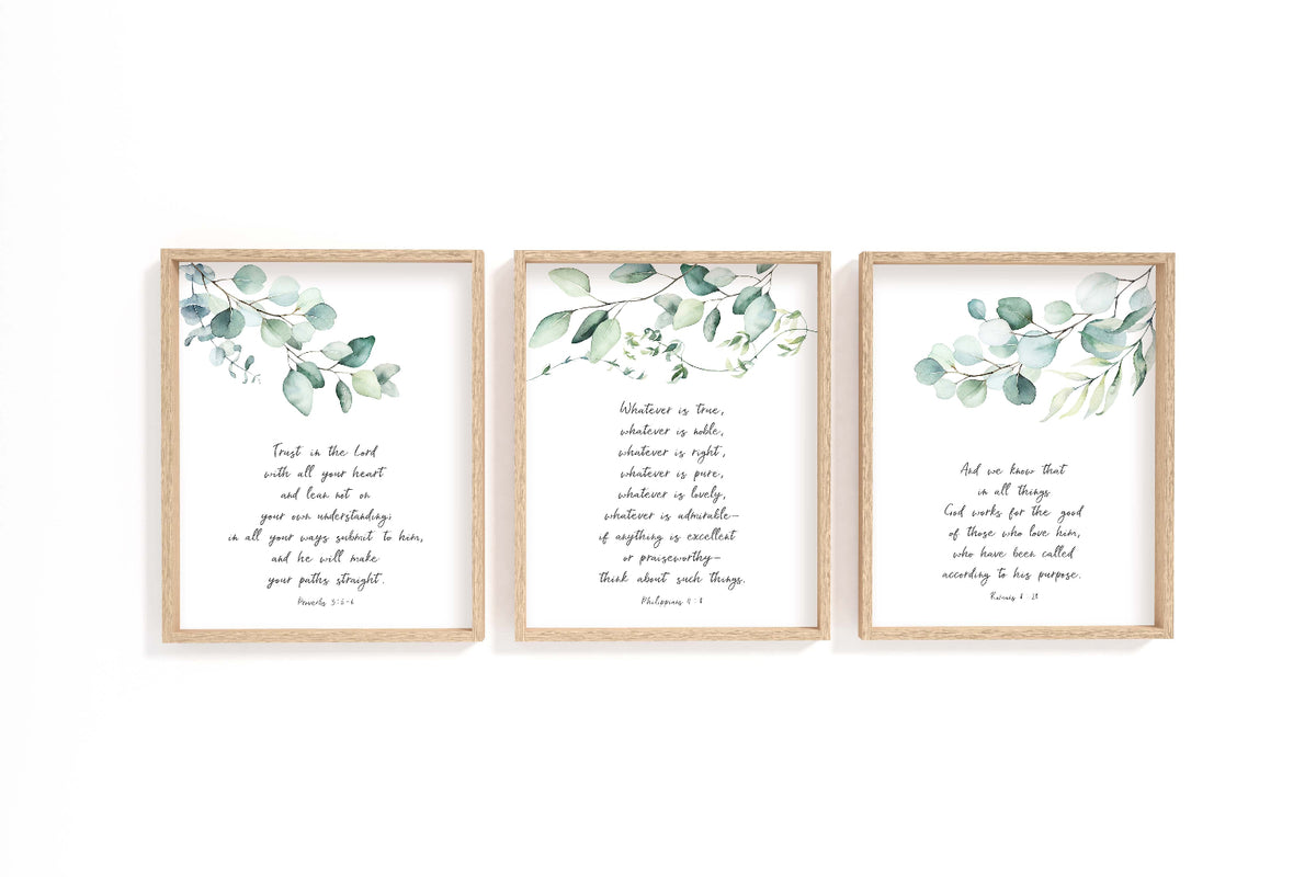 Romans 8:28, Proverbs 3:5–6, Philippians 4:8 – Christian scripture print set with calming green botanical leaves.