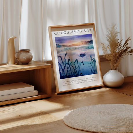 Colossians 3:17 – Serene lake scene Bible verse print with sunrise over mountains.