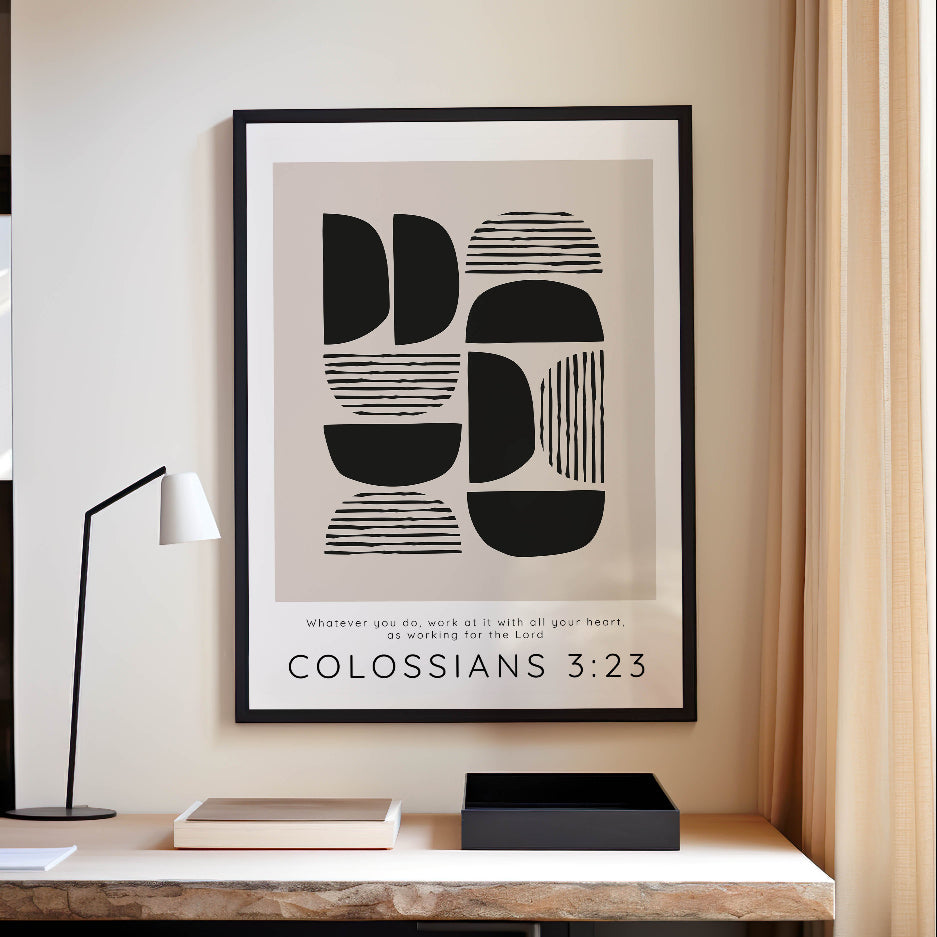 Colossians 3:23 – Whatever you do work Christian wall art with modern beige and black abstract design.