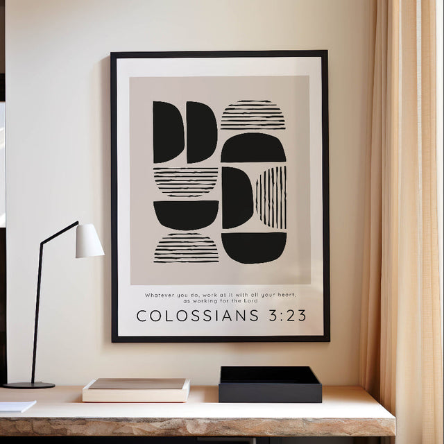 Colossians 3:23 – Whatever you do work Christian wall art with modern beige and black abstract design.