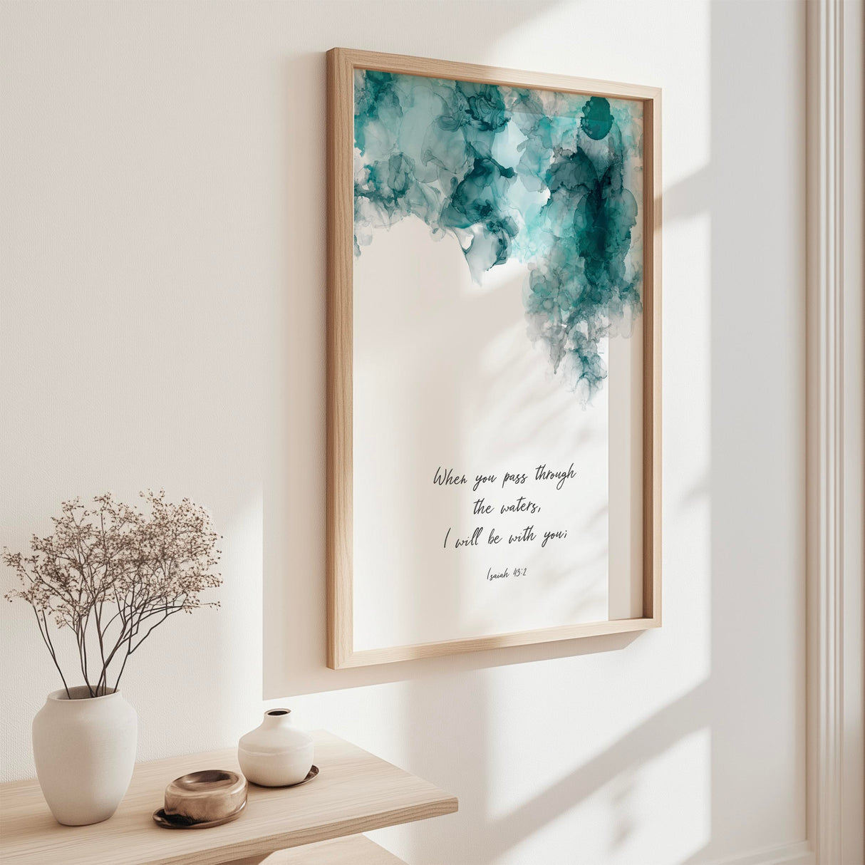 Isaiah 43:2 – Christian wall art print with turquoise and black ink design, when you pass through the waters Bible verse decor.