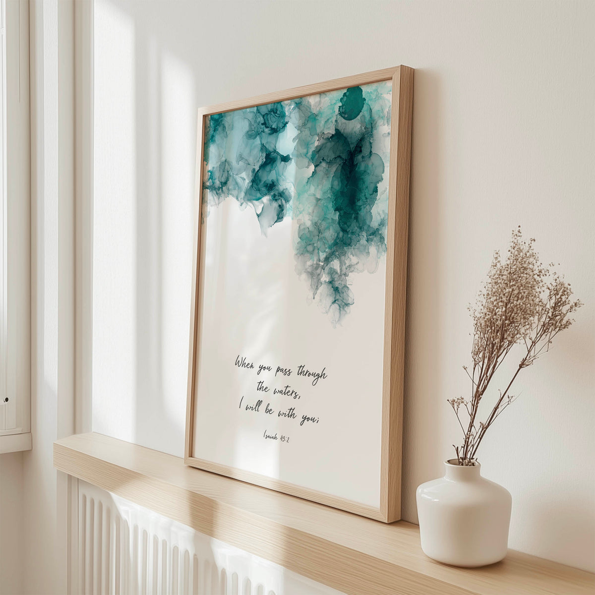 Isaiah 43:2 – Bible verse wall art print featuring turquoise abstract ink, Christian home decor scripture print.