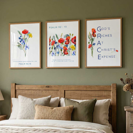 Wildflower Bible Verse Quotes, Floral Modern Scripture Wall Art, Wildflower scripture prints Psalm 92:13, Poppy and cornflower scripture