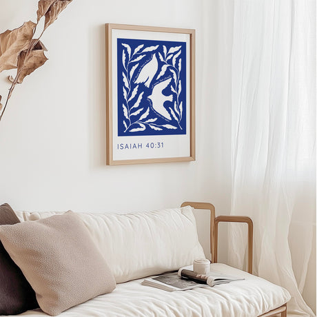 Isaiah 40:31 - Christian wall art print with white bird silhouette on deep blue background and Bible verse wings like eagles.